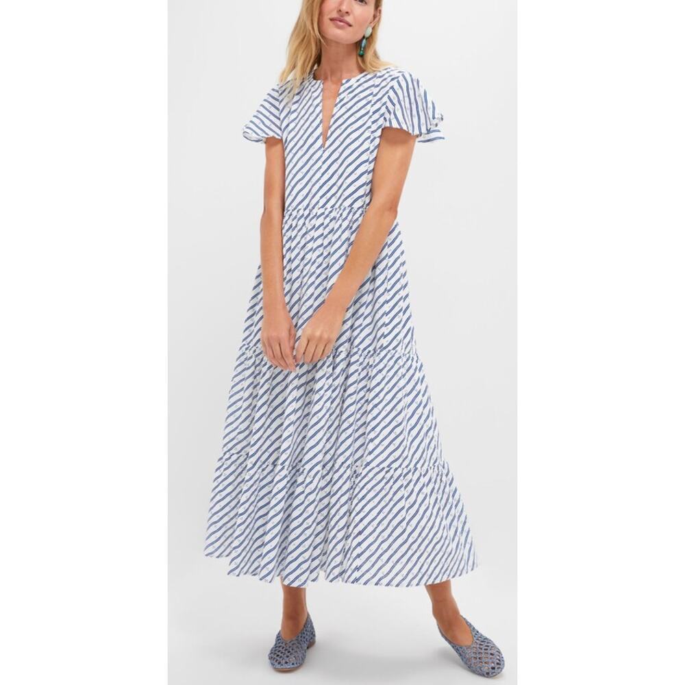 OLIPHANT Tuckernuck V-Neck Flutter Sleeve Maxi Dress Dispy Navy Print - Picture 2 of 10